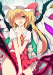  ascot blonde_hair cracked_wall fang flandre_scarlet glowing glowing_weapon glowing_wings hair_over_one_eye hat hat_ribbon hips laevatein long_hair looking_at_viewer mob_cap open_mouth puffy_short_sleeves puffy_sleeves red_eyes ribbon sakurame shirt short_sleeves side_ponytail skirt skirt_set smile solo thighs touhou very_long_hair vest wall weapon wings 