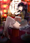  alcohol amo_(rnrkrn) black_hair breasts candle chinese_clothes choko_(cup) cleavage cup flower hair_flower hair_ornament highres lantern long_hair medium_breasts original ponytail red_eyes round_window sake sitting solo thighhighs tokkuri window 