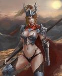  armor bikini_armor blonde_hair blue_eyes breasts cape circlet cleavage elf gauntlets lalan_fengchu large_breasts lips long_hair looking_at_viewer mountain navel outdoors panties pointy_ears polearm ponytail shoulder_armor single_gauntlet solo spaulders sun thighhighs underwear vambraces weapon 