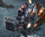  ace_combat ace_combat_04 aerial_battle ahoge aircraft airplane battle black_hair blue_eyes cannon commentary dark_skin f-15_eagle fens_raven fire gun highres kantai_collection mecha_musume missiles ocean original personification phalanx_ciws solo tom-neko_(zamudo_akiyuki) turret weapon 