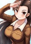  absurdres breasts brown_eyes brown_hair chi-hatan_military_uniform cleavage collarbone ears girls_und_panzer highres large_breasts long_hair looking_at_viewer looking_up military military_uniform nishi_kinuyo okitsugu salute smile solo uniform very_long_hair 