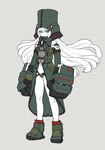  aqua_eyes ban bare_shoulders cherno_alpha commentary_request flat_chest hat high_collar highres long_coat long_hair looking_at_viewer mecha_musume mechanical_hand midriff navel pacific_rim personification simple_background solo wavy_hair 