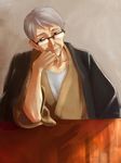  brown_eyes collarbone glasses grey_hair hand_on_own_chin looking_at_viewer male_focus nemunemu_(pixiv4222448) old_man shouwa_genroku_rakugo_shinjuu sitting solo yuurakutei_yakumo 