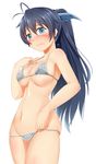  absurdres antenna_hair bikini black_hair blue_eyes blush breasts earrings ganaha_hibiki hadaka_megane highres hoop_earrings idolmaster idolmaster_(classic) jewelry long_hair medium_breasts navel ponytail solo stomach swimsuit wavy_mouth 