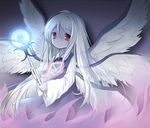  bad_id bad_pixiv_id blue blue_background blue_dress bow bowtie dress ellipsis_(mitei) feathered_wings glowing hair_between_eyes lavender_skin long_hair looking_at_viewer multiple_wings no_nose purple red_eyes sariel seraph simple_background smile solo touhou touhou_(pc-98) very_long_hair wand white_hair white_wings wide_sleeves wings 