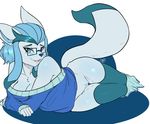  2016 anthro avante92 blue_eyes blue_hair bottomless breasts cleavage clothed clothing eeveelution eyewear female glaceon glasses hair nintendo off_shoulder open_mouth pok&eacute;mon pussy simple_background solo sweater video_games 