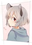  1girl :o akagashi_hagane animal_ears blush capelet eyebrows_visible_through_hair from_behind from_side grey_hair hair_between_eyes looking_back mouse_ears nazrin parted_lips pink_background portrait red_eyes short_hair simple_background solo tareme touhou upper_body 