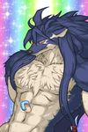  abs ahoge anthro biceps black_nose blue_fur blue_hair blush canine chest_tuft cloth clothing disembodied_hand duga duo fur hair hair_ties long_hair low_res male mammal muscular muscular_male ngo pleasured rainbow_background sharp_teeth shining_(series) shining_force_exa simple_background solo_focus sourou_cerulean_wolf sparkles standing sweat teeth tuft video_games white_fur wolf 