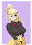  blonde_hair bodysuit bow breasts covered_nipples darkness_(konosuba) green_eyes hair_ornament impossible_clothes impossible_shirt kono_subarashii_sekai_ni_shukufuku_wo! large_breasts light_smile long_hair looking_at_viewer misnon_the_great ponytail shirt sidelocks solo v_arms wind x_hair_ornament 