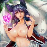  2015 :d absurdres ahri animal_ears blue_hair breasts collarbone dated detached_sleeves ejami facial_mark fingernails fox_ears fox_tail heart highres large_breasts league_of_legends long_fingernails long_hair long_sleeves multiple_tails nail_polish navel nipples open_mouth pitui1996 red_nails sidelocks signature smile solo stomach tail topless upper_body very_long_hair whisker_markings wide_sleeves yellow_eyes 