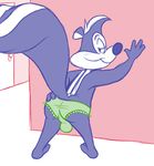  against_wall backsack balls blush bulge butt clothed clothing crossdressing grin half-closed_eyes hand_on_butt ladysomnambule looking_back looney_tunes male mammal panties pep&eacute;_le_pew presenting presenting_hindquarters rear_view skunk smile solo underwear warner_brothers 