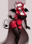  anthro big_breasts bow bra breasts cleavage clothed clothing female fur gloves hi_res horn legwear looking_at_viewer mammal mouse panties red-hair red_fur robyn_paperdoll rodent smile solo stockings underwear wide_hips wings yellow_eyes 