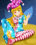  american_flag_dress bad_feet blonde_hair candle clenched_teeth clownpiece fairy_wings feet grin hat highres honda_takaharu jester_cap long_hair open_mouth pantyhose red_eyes smile soles solo spread_legs striped striped_legwear teeth touhou v wings 