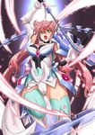  angry arm_up ass_visible_through_thighs blue_eyes bodysuit breasts cameltoe covered_navel covered_nipples elbow_gloves gauntlets gloves headgear highres large_breasts long_hair maria_cadenzavna_eve open_hand open_mouth pink_hair senki_zesshou_symphogear shouting shunzou skin_tight solo teeth thighhighs very_long_hair weapon whip_sword 
