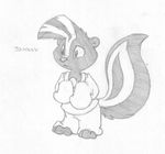  anthro barefoot buttonverse cub greyscale hi_res johnny_coon looking_away male mammal mizzyam mohawk monochrome oversized_shirt pencil_(artwork) skunk solo standing traditional_media_(artwork) young 