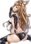  :q adjusting_clothes adjusting_panties animal_ears ass back backless_outfit blush breasts brown_eyes brown_hair elbow_gloves erune from_behind ganari_ryuu gloves granblue_fantasy hair_ornament highres large_breasts licking_lips long_hair looking_at_viewer looking_back metera_(granblue_fantasy) mole mole_under_mouth naughty_face panties partially_visible_vulva sideboob sitting sketch smile solo thighhighs tongue tongue_out underwear wariza wedgie 