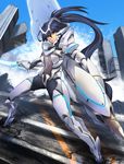  blue_hair blue_sky bodysuit building city day dutch_angle energy_sword kuro_black long_hair looking_at_viewer mecha_musume original outdoors pile_bunker ponytail red_eyes science_fiction sky solo spread_legs sword very_long_hair weapon 