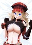  akabane_hitsugi alisa_ilinichina_amiella bed blue_eyes blush breasts elbow_gloves fingerless_gloves gloves god_eater god_eater_burst hat highres large_breasts long_hair looking_at_viewer lying no_bra on_bed silver_hair skirt solo suspender_skirt suspenders thighhighs underboob 