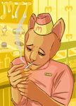  animal_ears burgerpants cat_ears cigarette creature employee_uniform facial_hair fast_food_uniform fingernails hat highres light_smile male_focus marchop sharp_fingernails sideways_glance smoke smoking solo undertale uniform upper_body 