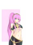  adapted_costume alternate_hairstyle black_legwear blue_eyes breasts cleavage commentary_request hirakata large_breasts long_hair long_skirt looking_at_viewer megurine_luka navel pink_hair ponytail side_slit skirt solo thighhighs underboob very_long_hair vocaloid 