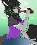  anthro black_hair breasts canine clothed clothing drinking ear_piercing eyelashes eyewear female glasses green_eyes hair here-kitty--kitty holding_object mammal piercing sitting 