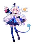  2016 :o arm_up athria black_footwear blue_eyes blue_legwear blue_skirt blue_sleeves bow crown dated demon_power_(elsword) demon_tail detached_sleeves elsword full_body highres long_hair luciela_r._sourcream mini_crown pointy_ears shoes signature skirt solo spoken_food symbol-shaped_pupils tail thighhighs white_background white_bow white_hair 