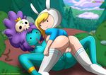  adventure_time blonde_hair breasts butt clothed clothing digital_media_(artwork) duo erect_nipples female female/female fionna_the_human hair hi_res jungle_princess legwear looking_at_viewer looking_back lying nipples not_furry nude on_back open_mouth open_shirt outside purple_hair pussy rear_view side_boob smile spread_legs spreading stockings thigh_highs 