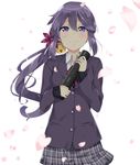  akebono_(kantai_collection) alternate_costume bell blazer buttons checkered checkered_skirt commentary_request diploma flower graduation hair_bell hair_between_eyes hair_flower hair_ornament highres holding jacket jingle_bell kantai_collection long_hair long_sleeves looking_at_viewer nishimi_shin petals purple_eyes purple_hair school_uniform side_ponytail skirt smile solo uniform 