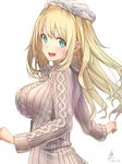 absurdres alternate_costume aqua_eyes aran_sweater atago_(kantai_collection) baffu blonde_hair blush breasts dated from_side hat highres kantai_collection large_breasts long_hair long_sleeves looking_at_viewer looking_back open_mouth signature sitting smile solo sweater white_background 
