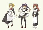  apron bangs black_legwear blonde_hair blue_eyes breasts brown_hair curtsey detached_collar flat_chest frilled_apron frills full_body green_eyes japanese_clothes kimono loafers maid maid_apron maid_headdress mary_janes multiple_girls original parted_bangs pas_(paxiti) pigeon-toed puffy_sleeves purple_hair shoes short_hair simple_background standing tabi thighhighs twintails wa_maid waist_apron white_legwear wide_sleeves wrist_cuffs yellow_eyes yukata 
