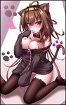  animal_ears bare_shoulders blush braid breasts brown_hair brown_legwear cat_ears cat_tail collar drooling hairband highres kantai_collection kemonomimi_mode kongou_(kantai_collection) long_hair long_legs looking_at_viewer medium_breasts nail_polish nipples no_bra no_panties off_shoulder open_mouth paw_print pussy single_braid sitting slit_pupils solo tail thighhighs translation_request wariza yoye_(pastel_white) 