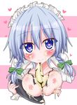  banana between_breasts blue_eyes blush breasts breasts_outside food fruit heart heart-shaped_pupils highres izayoi_sakuya maid_headdress medium_breasts nipples oden_(th-inaba) sexually_suggestive silver_hair solo symbol-shaped_pupils touhou tray 