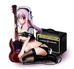  amplifier blush breasts cleavage commentary_request electric_guitar guitar headphones highres instrument large_breasts long_hair looking_at_viewer midriff nitroplus pink_hair red_eyes solo super_sonico yaya_(yayaya) 