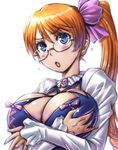  amania_orz aquarion_(series) aquarion_evol blue_eyes bow breast_hold breasts cleavage glasses hair_bow large_breasts long_hair magatama mix_(aquarion) orange_hair ponytail side_ponytail solo 