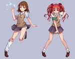  armband brown_eyes brown_hair highres long_hair long_legs misaka_mikoto mool_yueguang multiple_girls red_hair shirai_kuroko short_hair sweater_vest to_aru_kagaku_no_railgun to_aru_majutsu_no_index twintails 