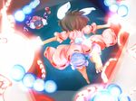 aerial_battle animal_ears barefoot battle black_hair bloomers brown_hair bunny_ears bunny_tail commentary_request danmaku dress duel faux_traditional_media flying foreshortening from_behind gap hakurei_reimu inaba_tewi kikurage_(sugi222) multiple_girls outstretched_arms pink_dress puffy_short_sleeves puffy_sleeves short_hair short_sleeves skirt skirt_set spread_arms tail touhou underwear 