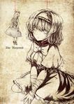  absurdres alice_margatroid apron bangs between_legs bound bound_arms bow capelet doll_joints dress expressionless frilled_dress frills hair_bow hairband hand_between_legs hanging highres koissa long_hair monochrome sepia shanghai_doll short_hair short_sleeves sitting solo spot_color thread touhou waist_apron wariza 