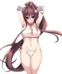 akina_t armpits arms_behind_head arms_up bad_id bad_pixiv_id bandages bare_legs blush breasts brown_hair cleavage closed_mouth collarbone flower hair_flower hair_intakes hair_ornament head_tilt headgear highres kantai_collection large_breasts long_hair looking_at_viewer midriff mouth_hold navel partially_visible_vulva ponytail red_eyes red_ribbon ribbon sarashi simple_background smile solo standing stomach tassel thigh_gap thighs tsurime very_long_hair white_background yamato_(kantai_collection) 