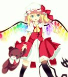  :d alternate_eye_color ascot black_legwear blonde_hair blue_eyes blurry blush bow crystal depth_of_field flandre_scarlet hat hat_bow hat_ribbon jpeg_artifacts laevatein looking_at_viewer mob_cap open_mouth puffy_short_sleeves puffy_sleeves ribbon short_hair short_sleeves side_ponytail skirt skirt_set smile solo stuffed_animal stuffed_toy te_toga teddy_bear thighhighs touhou vest wings zettai_ryouiki 