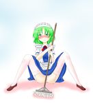  1girl aqua_eyes blush eitaisa green_hair legs ruukoto short_hair spread_legs touhou touhou_(pc-98) 