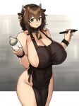  1girl animal_ears apron areola_slip areolae bangs bare_shoulders bell black_apron blush bottle breasts brown_hair cleavage collar collarbone covered_nipples cow_ears cow_horns cowbell green_eyes highres horns houtengeki large_areolae large_breasts looking_at_viewer milk_bottle open_mouth original short_hair solo thighs 