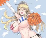  amamiya_(abaros) american_flag_bikini anchor arm_up bikini blonde_hair blush breasts brown_eyes elbow_gloves flag_print gloves headgear huge_breasts iowa_(kantai_collection) kantai_collection long_hair navel open_mouth pom_poms smile solo star star-shaped_pupils striped swimsuit symbol-shaped_pupils vertical-striped_bikini vertical_stripes white_gloves 