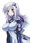  blush bodysuit breasts commentary_request covered_navel cryska_barchenowa headgear highres large_breasts lavender_hair long_hair looking_at_viewer muvluv muvluv_alternative muvluv_total_eclipse pilot_suit purple_eyes smile solo taturouxs upper_body white_background 