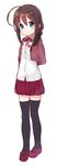  ahoge alternate_costume arms_behind_back bad_id bad_pixiv_id black_legwear blue_eyes braid closed_mouth hair_over_shoulder hair_ribbon kantai_collection muhogame pleated_skirt red_ribbon ribbon shigure_(kantai_collection) single_braid skirt smile solo tress_ribbon younger 