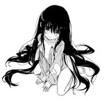  barefoot blush from_above full_body greyscale houraisan_kaguya long_hair long_sleeves looking_at_viewer monochrome no_pants open_clothes open_shirt sawayaka_samehada shirt simple_background sitting smile solo touhou very_long_hair white_background wide_sleeves 