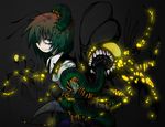  animenishikihebi antennae bug cape centipede commentary_request dark_persona eyes from_side glowing glowing_eyes green_eyes green_hair grey_background insect insect_wings looking_at_viewer paint_splatter sanpaku simple_background solo teeth touhou wing_collar wings wriggle_nightbug 