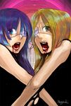  aqua_eyes bad_id bad_pixiv_id blonde_hair blood blue_hair eyepatch furude_rika green_eyes higurashi_no_naku_koro_ni hime_cut long_hair looking_at_viewer mauki multiple_girls open_mouth signature takano_miyo teeth 