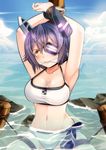  1girl bdsm bikini breasts checkered checkered_necktie cloud eyepatch gag girl headgear kantai_collection large_breasts navel necktie rope sky solo swimsuit tenryuu_(kantai_collection) water 