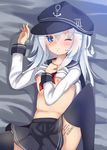  ;( anchor_symbol black_hat black_legwear black_skirt blue_eyes breasts character_name closed_mouth flat_cap from_above hair_between_eyes hand_on_own_chest hat hibiki_(kantai_collection) hinatsuki_mashiro kantai_collection leg_up long_hair long_sleeves looking_at_viewer lying midriff navel neckerchief nipples no_bra number on_back pleated_skirt red_ribbon ribbon roman_numerals sailor_collar shirt shirt_lift skirt sleeve_cuffs small_breasts solo spread_legs stomach tattoo thighhighs very_long_hair white_hair white_shirt wince zettai_ryouiki 
