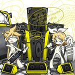  1girl animenishikihebi blonde_hair blue_eyes brother_and_sister cable city flat_chest hair_ornament hairclip headphones holding instrument jitome kagamine_len kagamine_rin keytar looking_at_viewer microphone navel nipples nude number penis pointing pussy short_hair siblings speaker speech_bubble steamroller strap twins vocaloid 